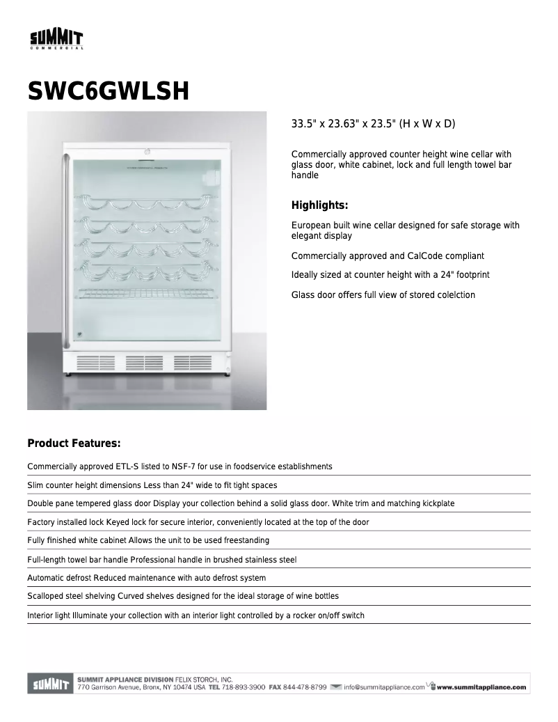 Página 1 del manual Ficha técnica Summit SWC6GWLSH