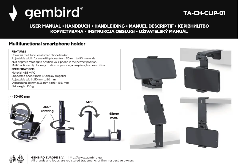 Page 1 de la notice Manuel utilisateur Gembird TA-CH-CLIP-01