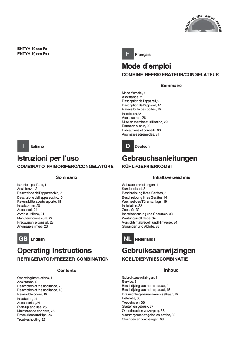 Page 1 de la notice Manuel utilisateur Hotpoint Ariston ENTYH 192A1 FW