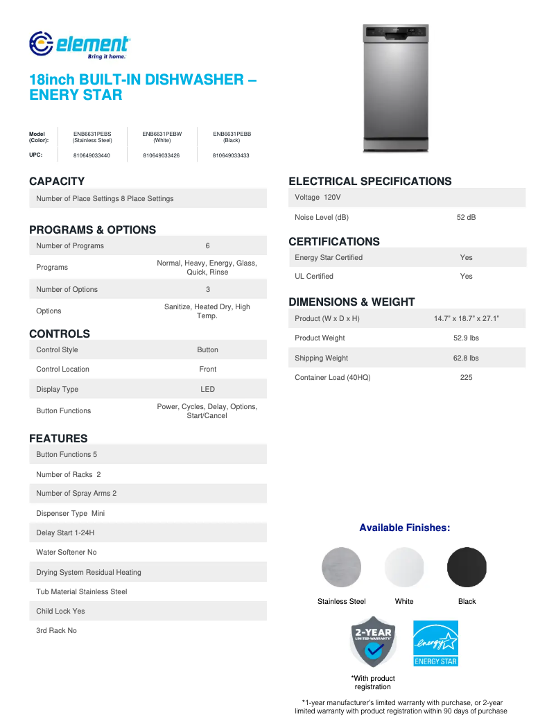 Page 1 de la notice Fiche technique Element ENB6631PEBB