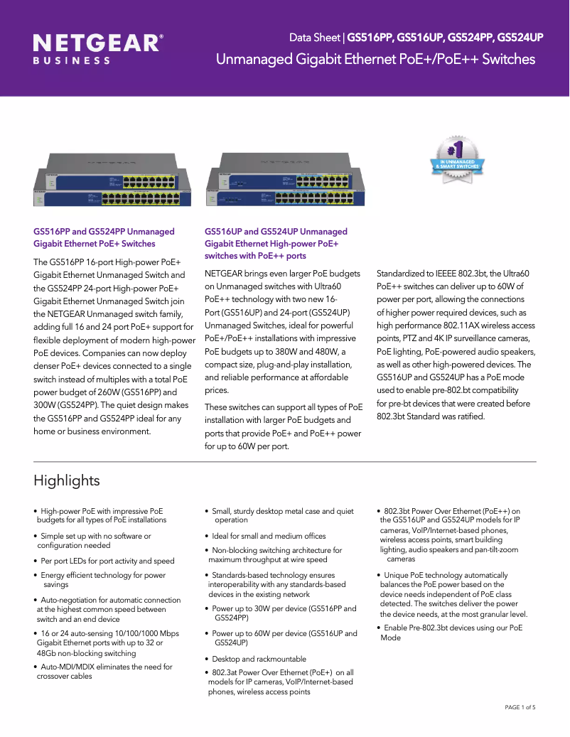 Page n°1 - Fiche technique Netgear GS524UP