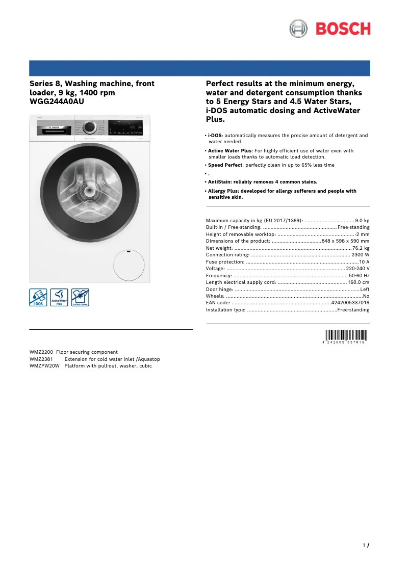 Página 1 del manual Ficha técnica Bosch WGG244A0AU