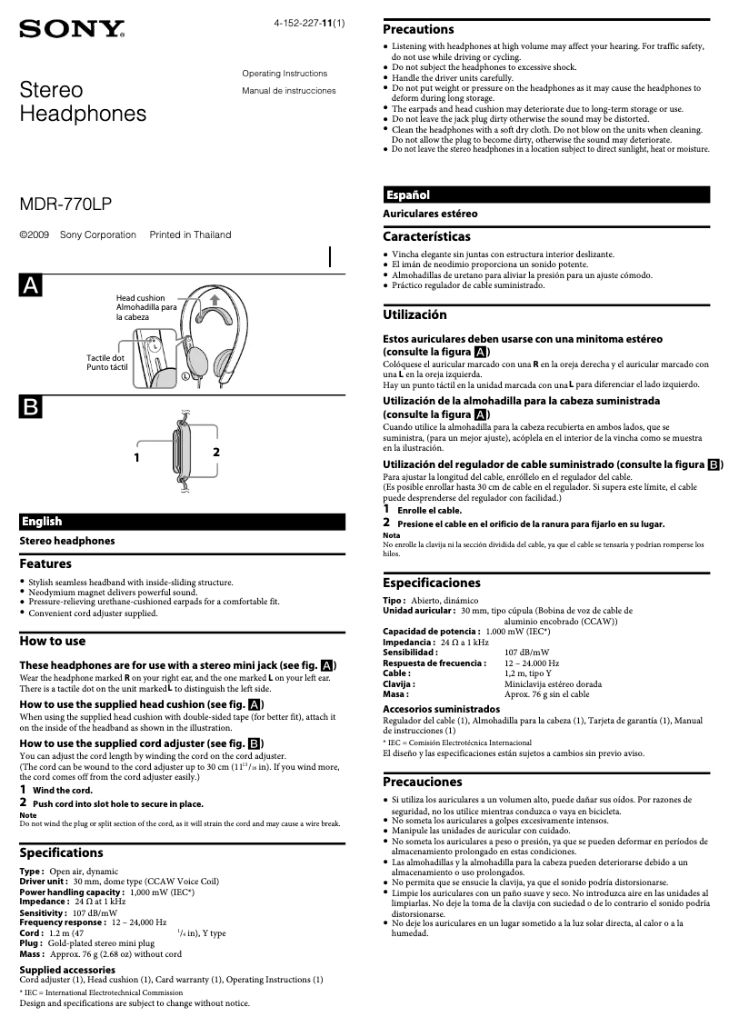 Image de la première page du manuel de l'appareil MDR-770LP