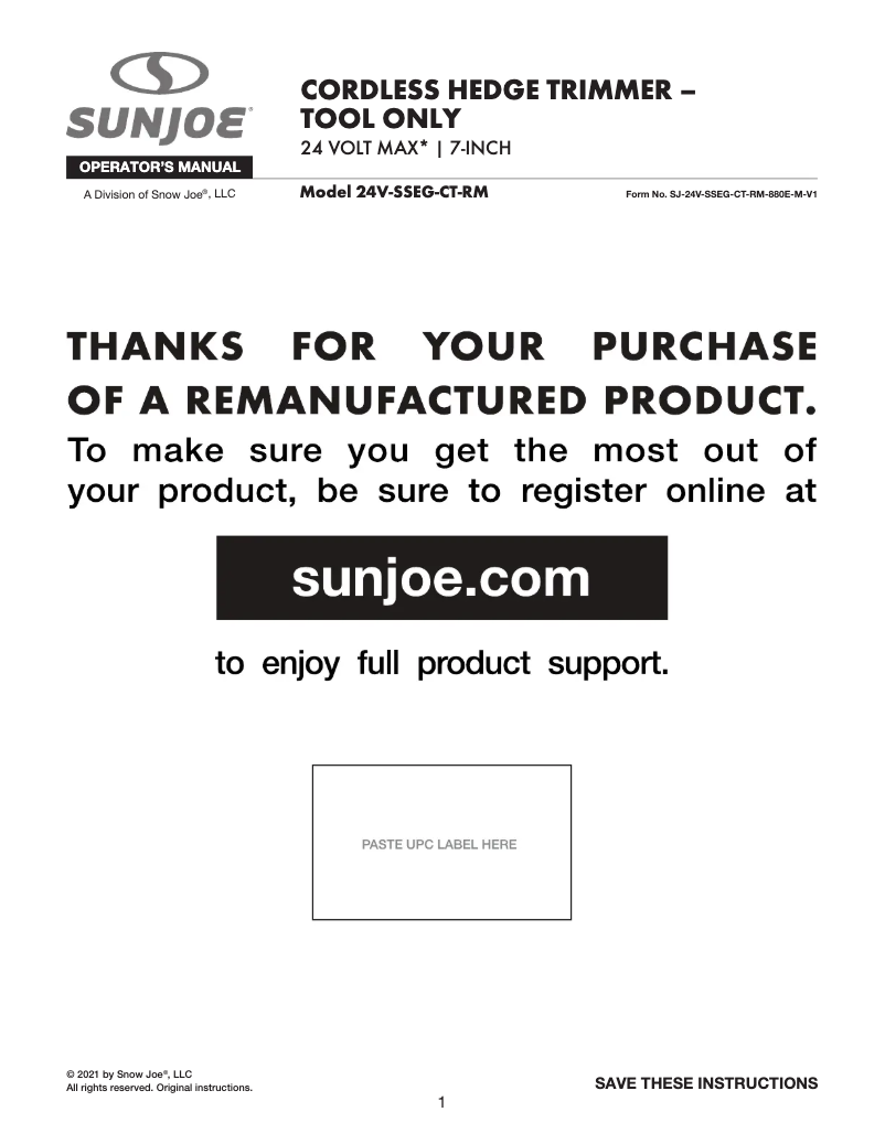 Page 1 de la notice Manuel utilisateur Sun Joe 24V-SSEG-CT-SJG-RM