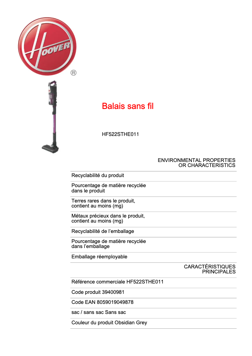 Image de la première page du manuel de l'appareil H-FREE 500 HF522STHE011