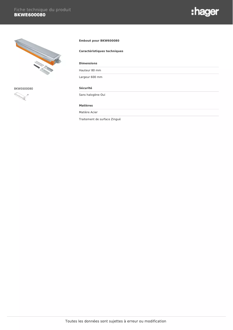 Page n°1 - Fiche technique Hager BKWE600080