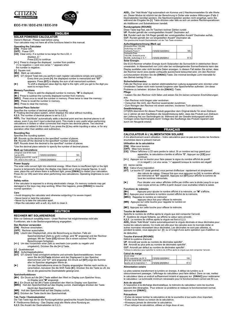 Image de la première page du manuel de l'appareil ECC-110