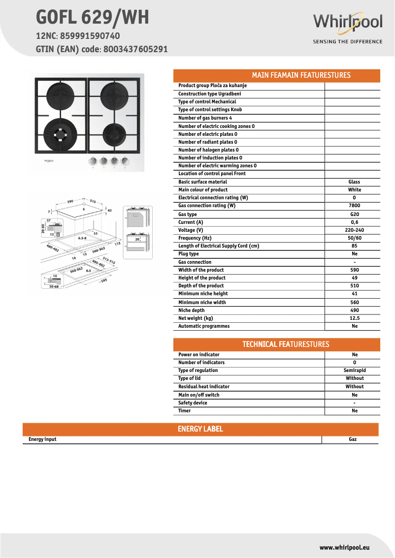Page 1 of the manual Technical Sheet Whirlpool GOFL 629/WH