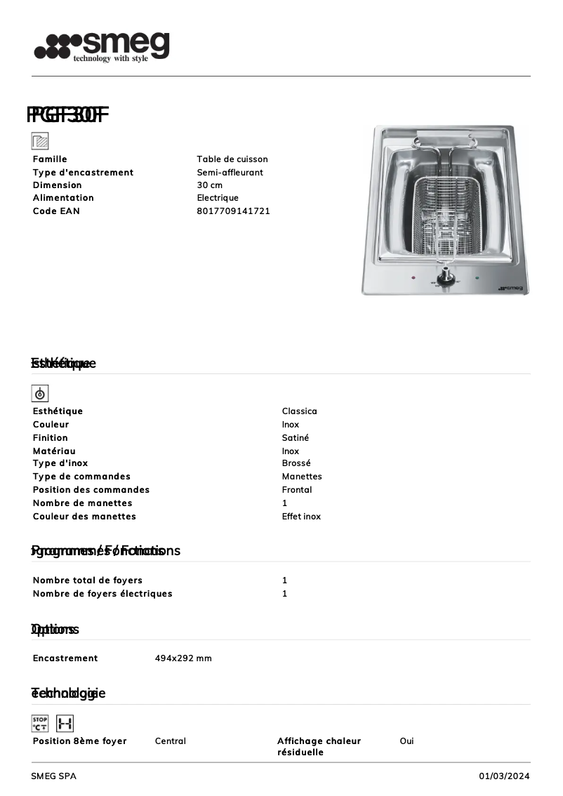 Page 1 de la notice Fiche technique Smeg PGF30F