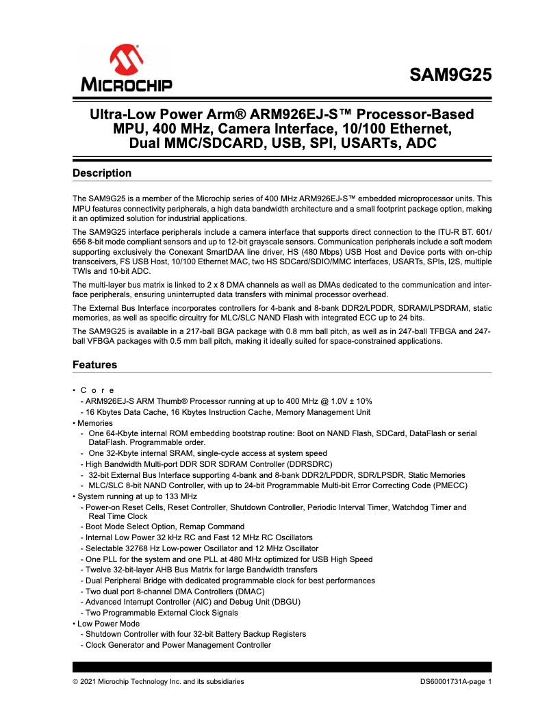 Page 1 de la notice Fiche technique Microchip AT91SAM9G25