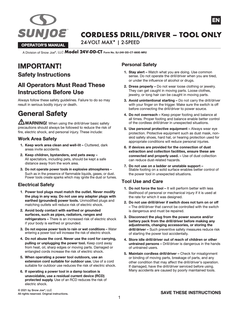 Page 1 de la notice Manuel utilisateur Sun Joe 24V-DD-CT