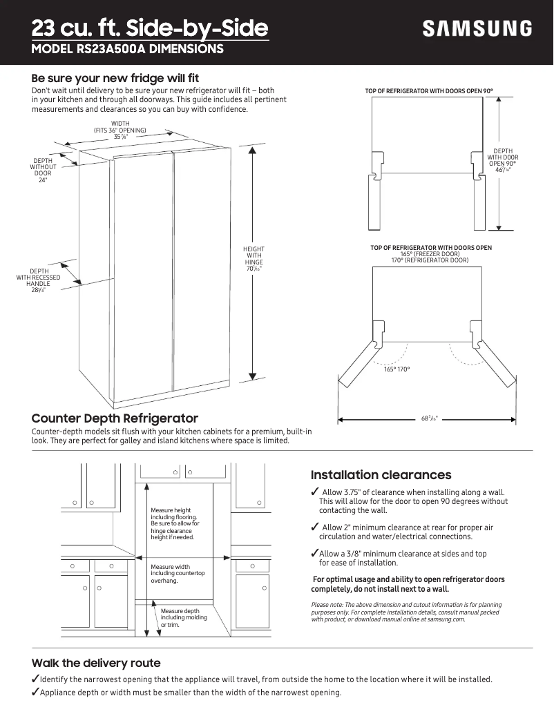 Page 1 de la notice Guide de mesure Samsung RS23A500ASR