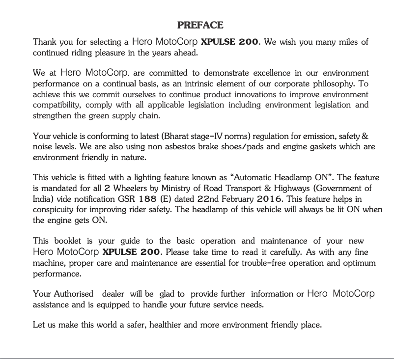 Page 1 de la notice Manuel utilisateur Hero Xpulse 200 (2019)