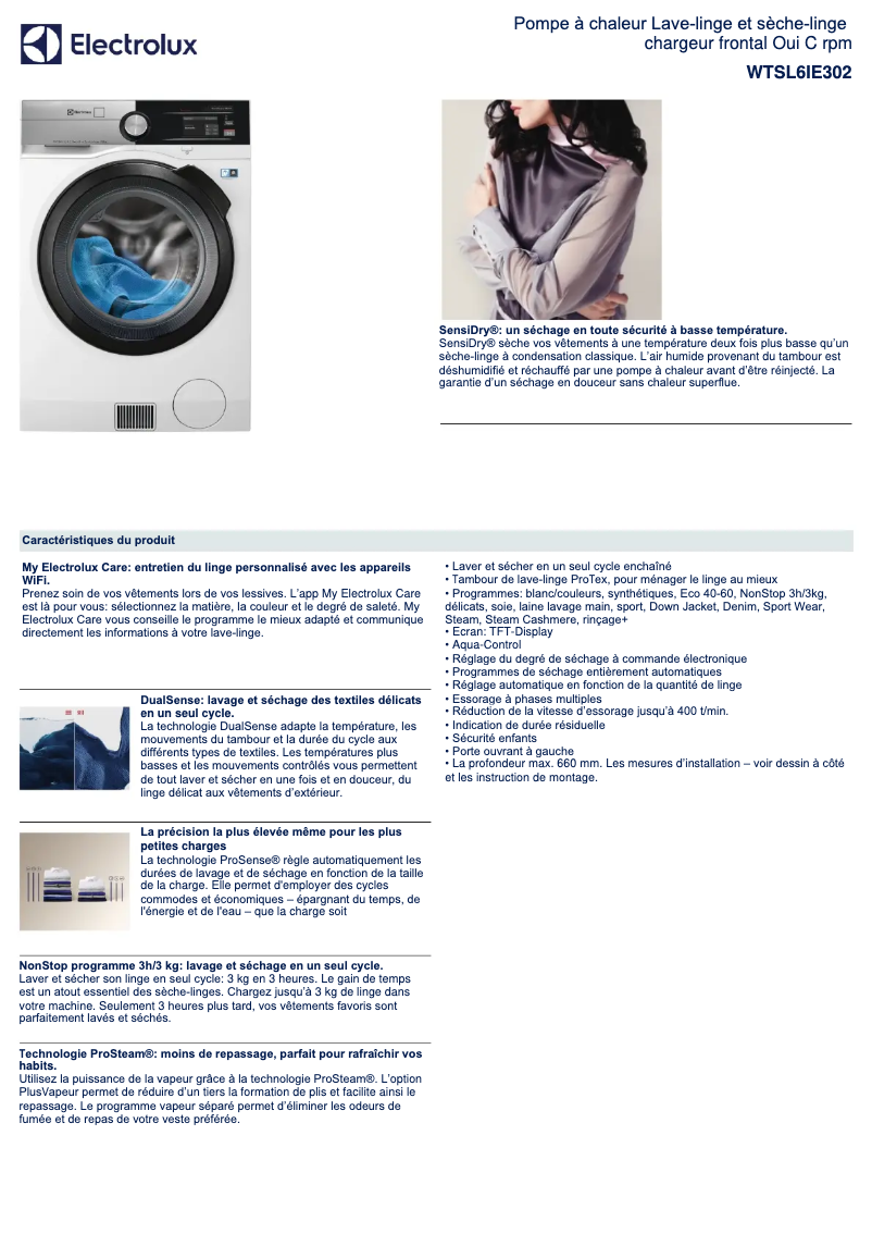 Page 1 de la notice Fiche technique Electrolux WTSL6IE302