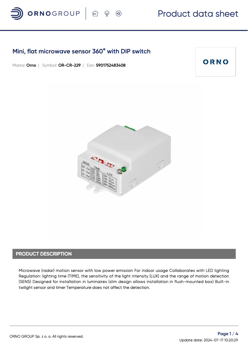 Page 1 de la notice Fiche technique ORNO OR-CR-229