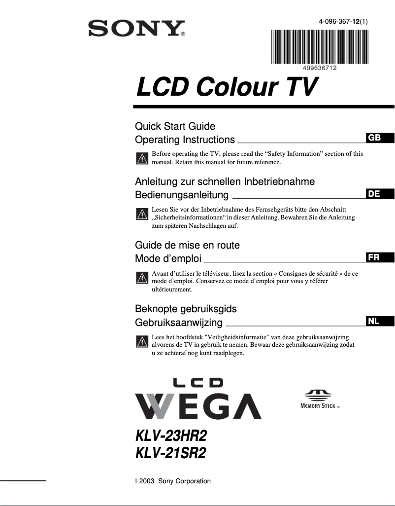 Image de la première page du manuel de l'appareil KLV-23HR2S