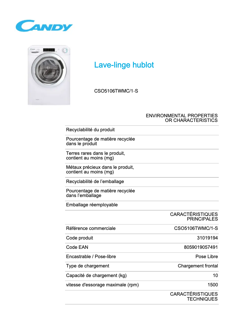Page 1 de la notice Fiche technique Candy CSO5106TWMC/1-S
