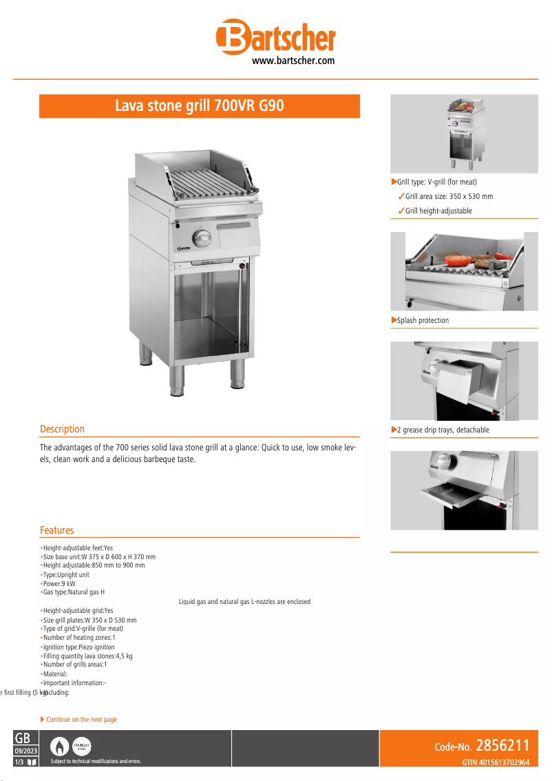 Page 1 de la notice Fiche technique Bartscher 2856211