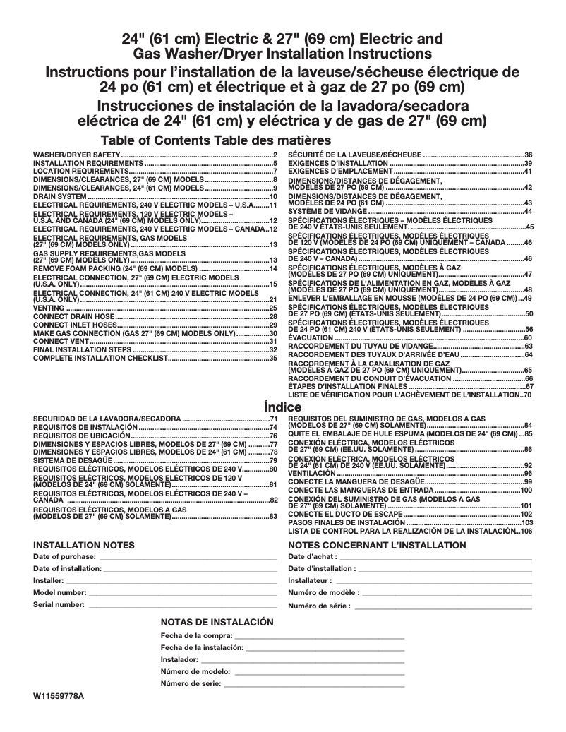 Page 1 de la notice Guide d'installation Whirlpool WET4024HW