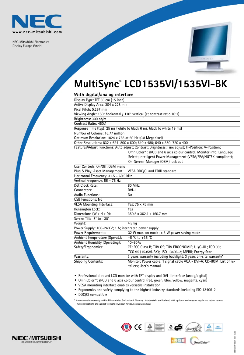 Page 1 de la notice Fiche technique NEC MultiSync LCD1535VIBK