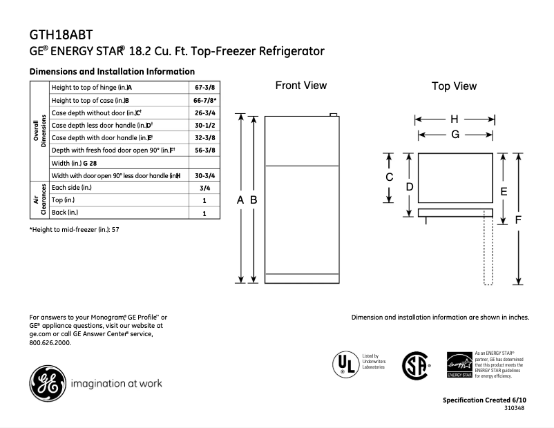 Página 1 del manual Ficha técnica GE GTH18ABTRWW