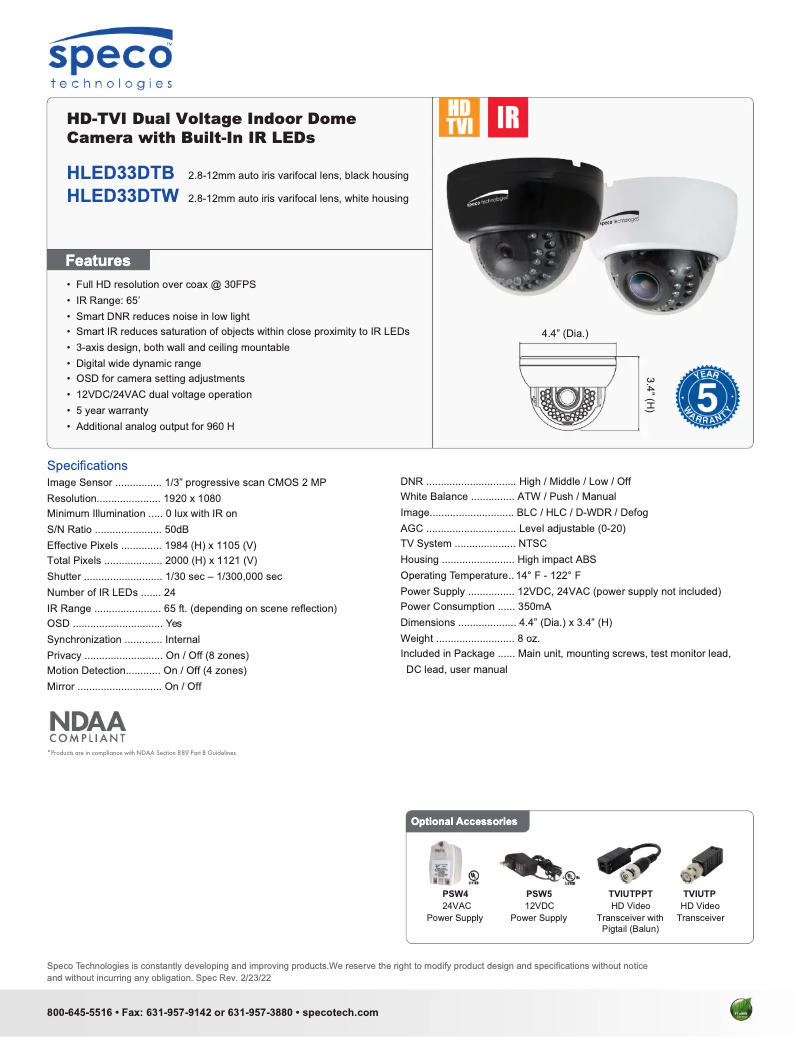 Page 1 de la notice Fiche technique Speco Technologies HLED33DTW