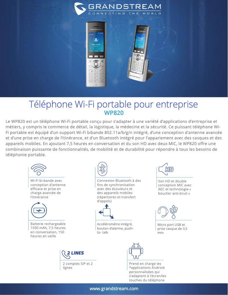 Page 1 de la notice Fiche technique Grandstream WP820