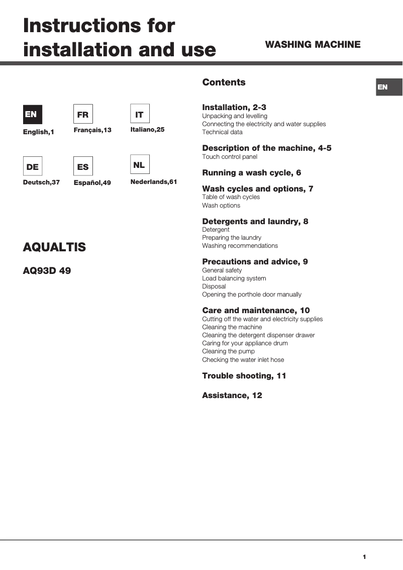 Page n°1 - Manuel utilisateur Hotpoint Ariston Aqualtis AQ93D 49 EU/A