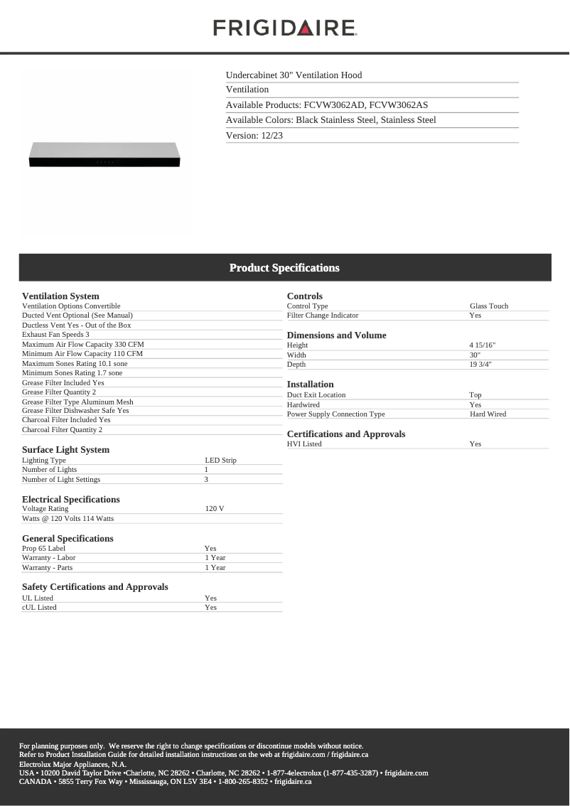 Page n°1 - Fiche technique Frigidaire FCVW3062AS