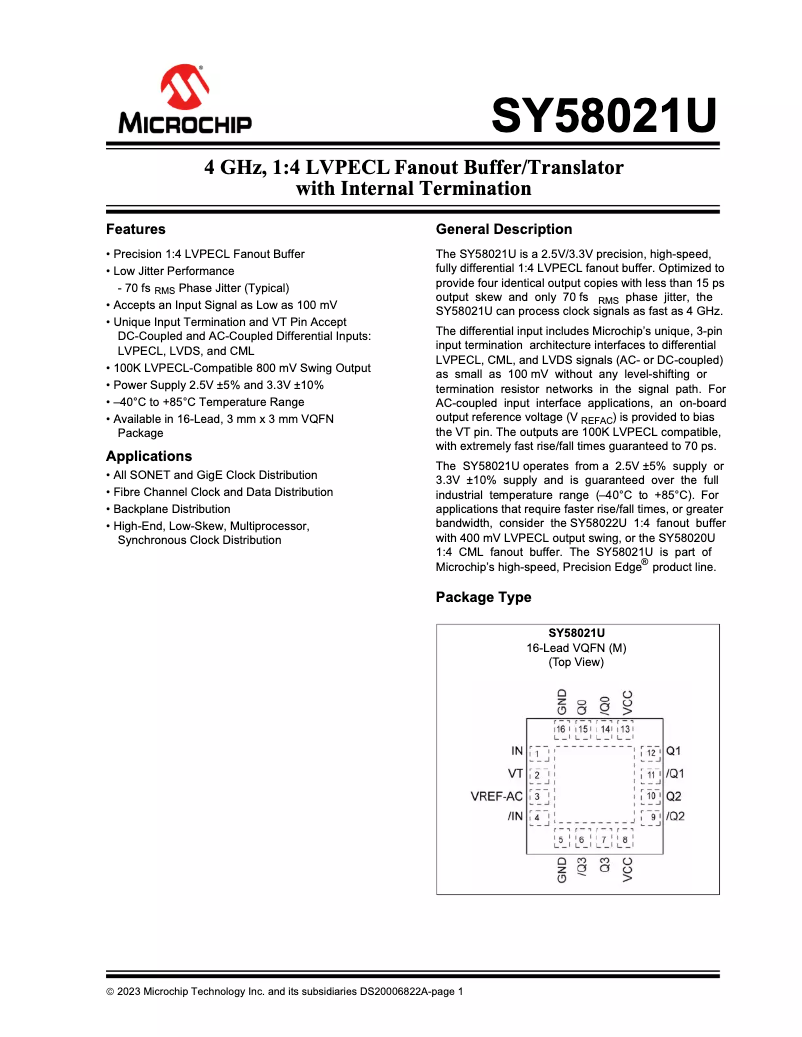 Page 1 de la notice Manuel utilisateur Microchip SY58021U