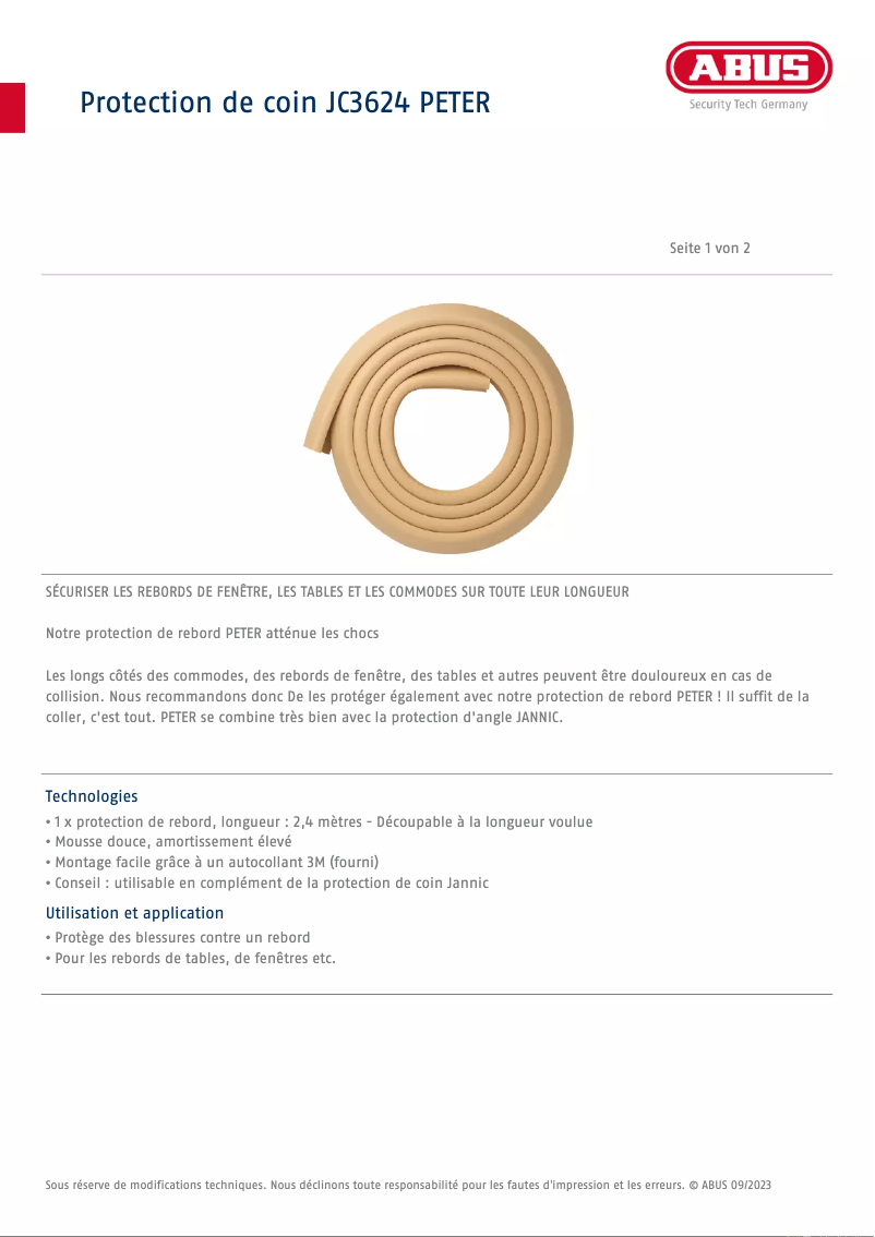 Page 1 de la notice Fiche technique Abus JC3624