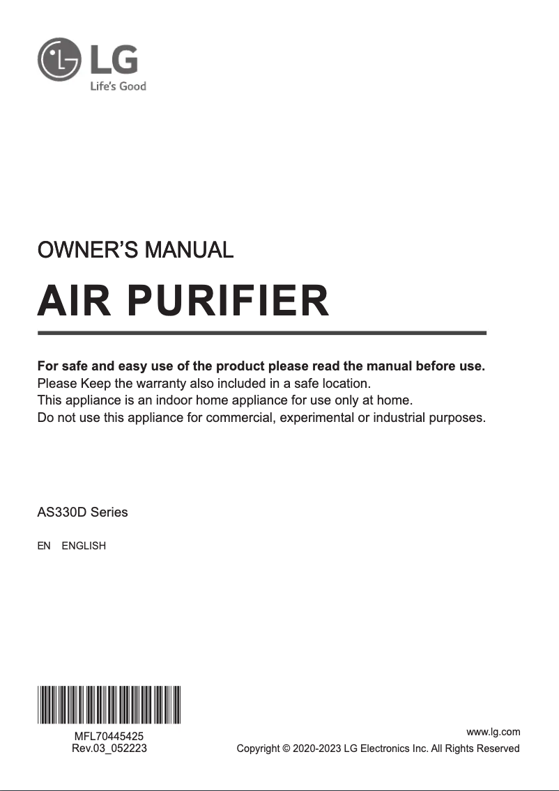 Page 1 de la notice Manuel utilisateur LG PuriCare 360 AS330DWR0