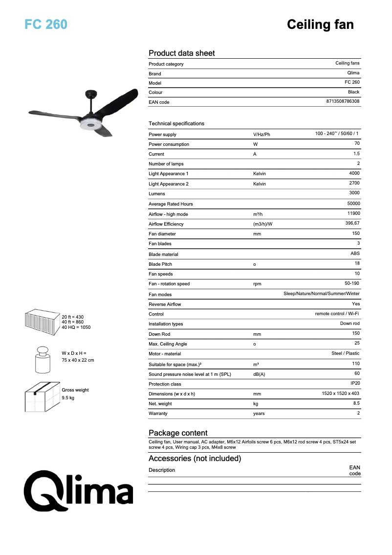 Page n°1 - Fiche technique Qlima FC 260