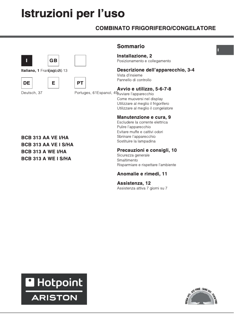 Page 1 de la notice Manuel utilisateur Hotpoint Ariston BCB 313 AA VE I