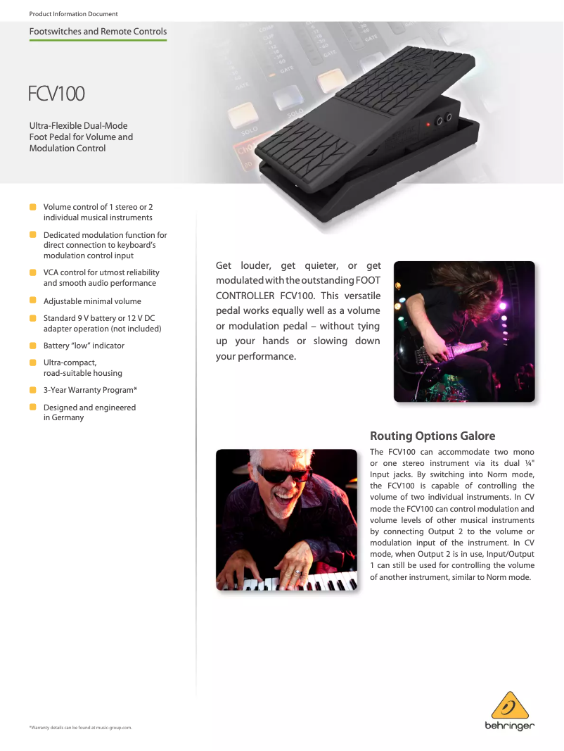 Page 1 de la notice Fiche technique Behringer Foot Controller FCV100