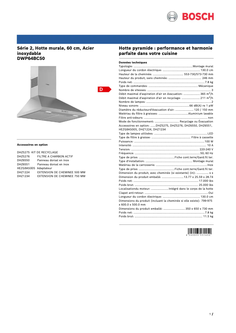 Page 1 of the manual Technical Sheet Bosch DWP64BC50