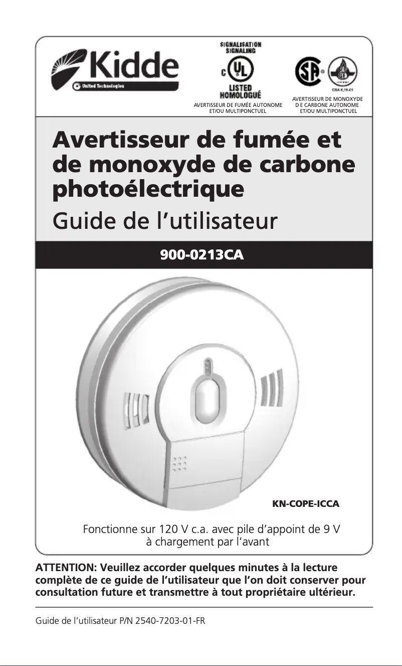 Page 1 de la notice Manuel utilisateur Kidde 900-0213CA