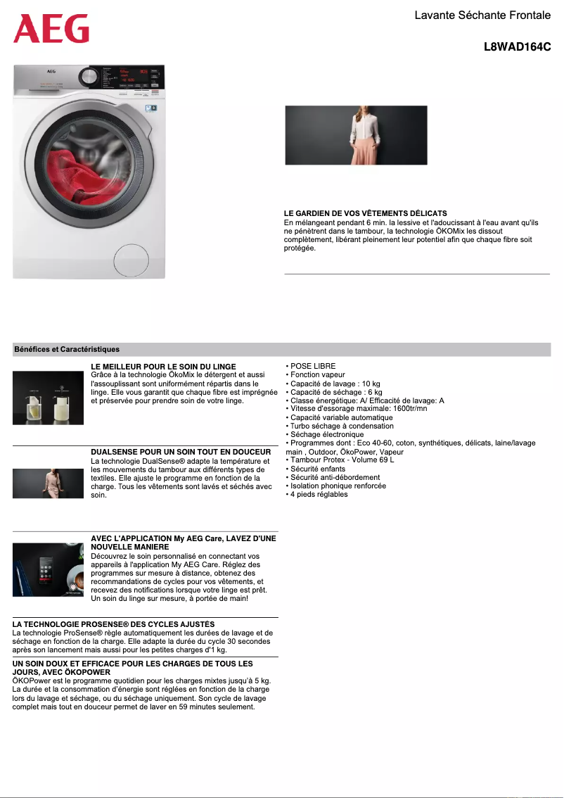 Page 1 de la notice Fiche technique AEG L8WAD164C