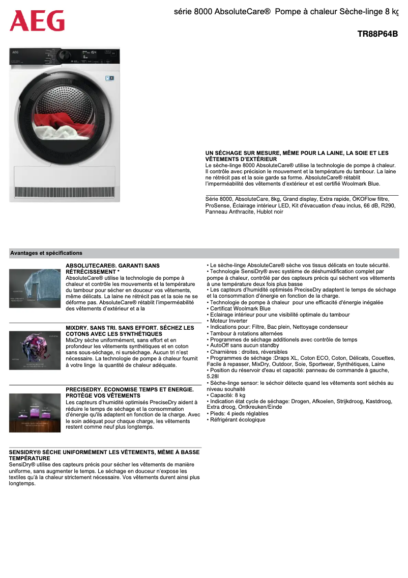 Page n°1 - Fiche technique AEG TR88P64B