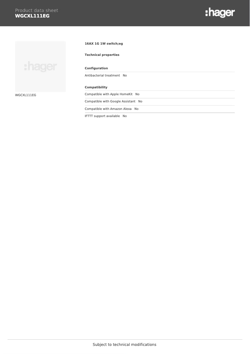 Page 1 de la notice Fiche technique Hager WGCXL111EG