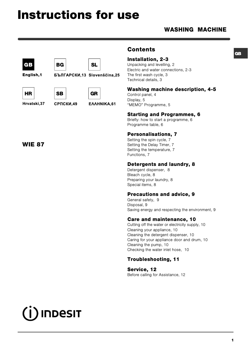 Image de la première page du manuel de l'appareil WIE 87 PL