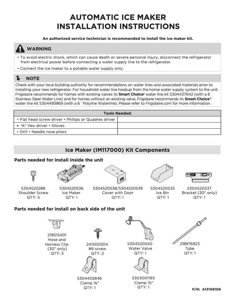 Page n°1 - Guide d'installation Frigidaire FFHT1820VS