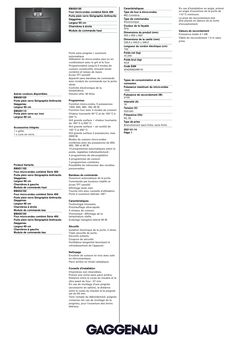Page 1 de la notice Fiche technique Gaggenau BM450100