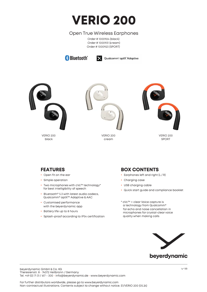 Page 1 de la notice Fiche technique Beyerdynamic VERIO 200
