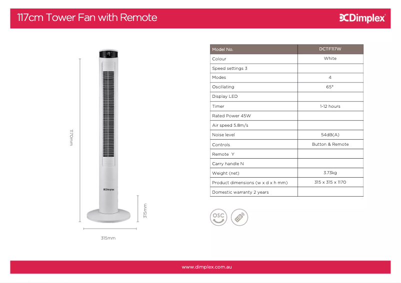 Page n°1 - Fiche technique Dimplex DCTF117W