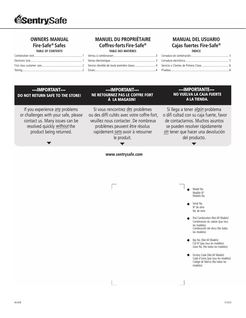 Page n°1 - Manuel utilisateur SentrySafe S3871