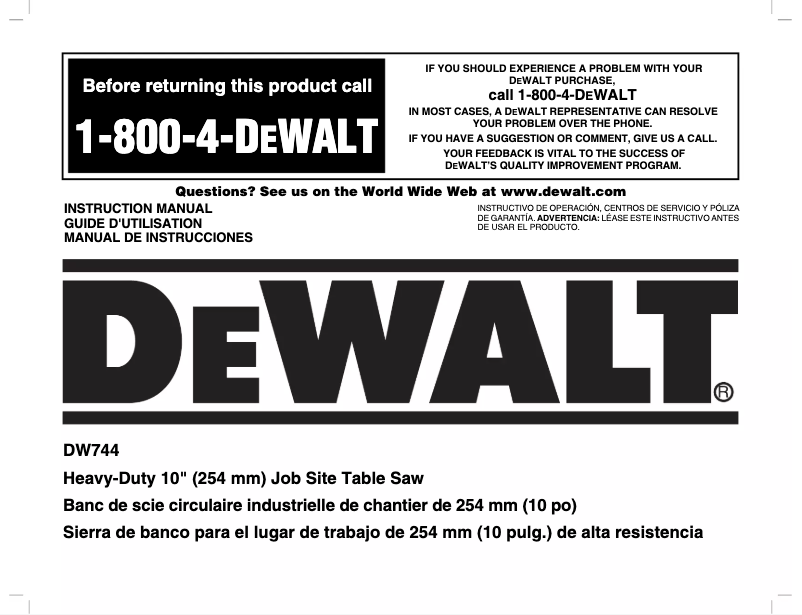 Page 1 de la notice Manuel utilisateur DeWalt DW744X