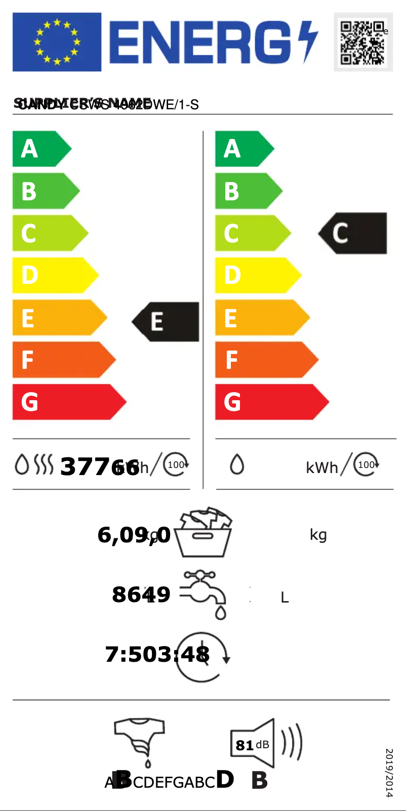 Page n°1 - Label énergétique Candy CSWS 4962DWE/1-S
