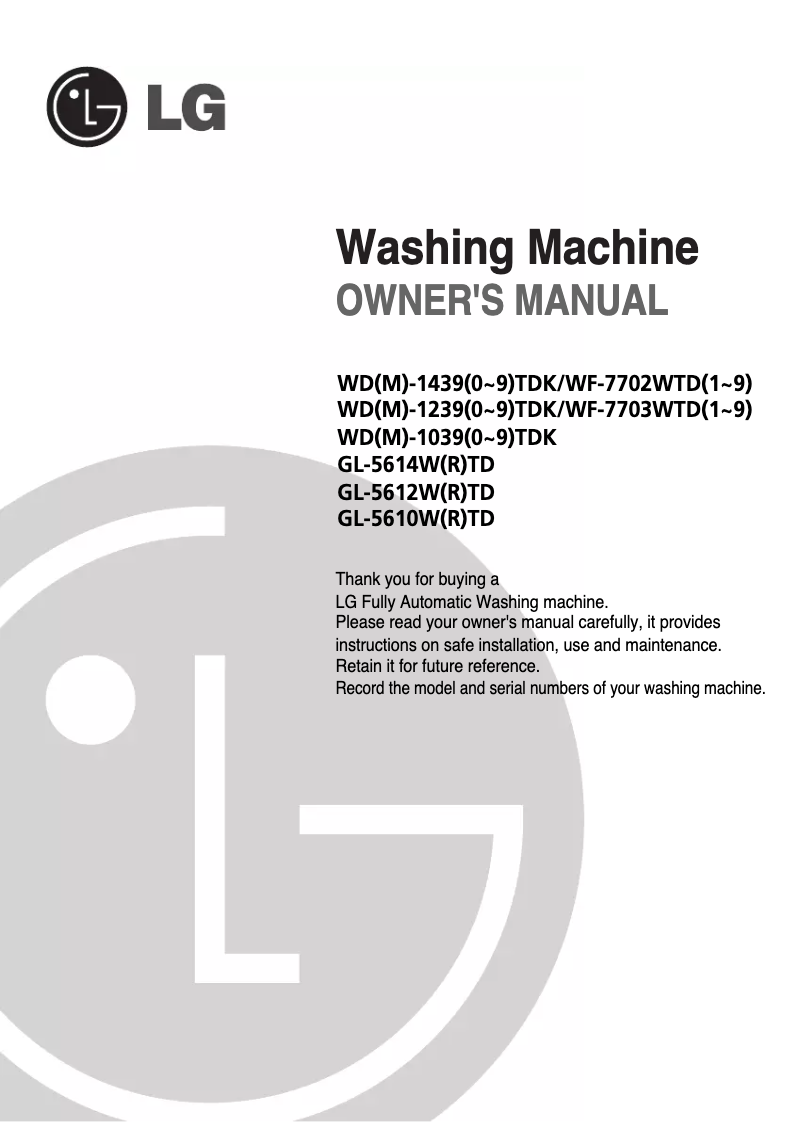 Page 1 de la notice Manuel utilisateur LG WD-10396TDK