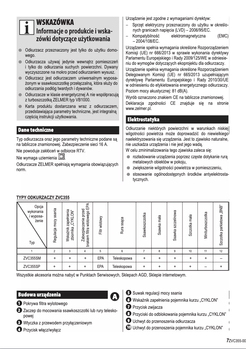 Page 1 de la notice Manuel utilisateur Zelmer Ceres ZVC355SP